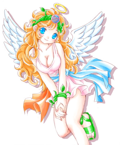blue_eyes, breasts, cleavage, halo, lowres, orange_hair, smile, utamaruoekaki, wings