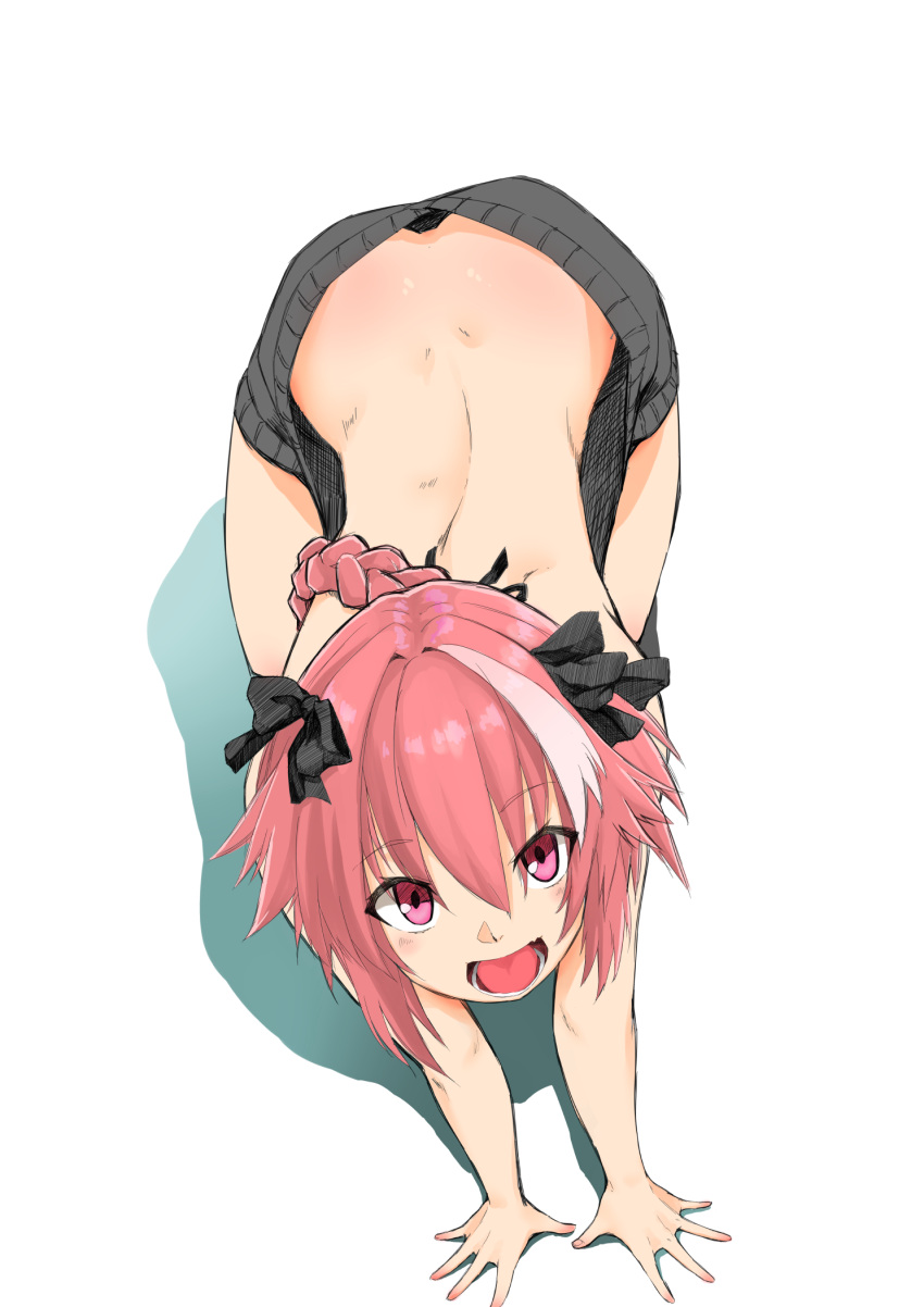1boy, :d, all_fours, ass, back, backless_outfit, bare_back, bare_shoulders, black_bow, black_ribbon, blush, bow, braid, chabatake_ao, downpants, dress, eyebrows_visible_through_hair, fang, fate/apocrypha, fate_(series), from_above, hair_between_eyes, hair_bow, hair_intakes, hair_ribbon, halterneck, hands_on_floor, highres, long_hair, looking_at_viewer, male_focus, naked_sweater, no_panties, open-back_dress, open_mouth, pink_hair, ribbed_sweater, ribbon, rider_of_black, simple_background, single_braid, smile, solo, sweater, sweater_dress, teeth, trap, turtleneck, turtleneck_sweater, violet_eyes, virgin_killer_sweater, white_background