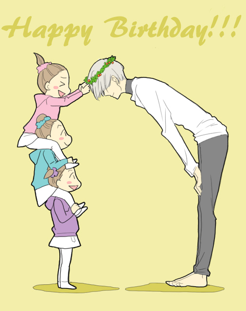 >_<, 1boy, 3girls, barefoot, brown_hair, carrying, closed_eyes, hair_bun