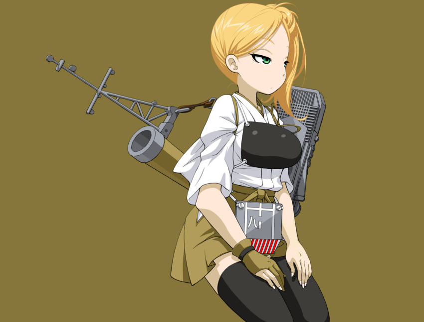 1girl, aoki_hagane_no_arpeggio, black_legwear, blonde_hair, bow_(weapon), cosplay, flight_deck, gloves