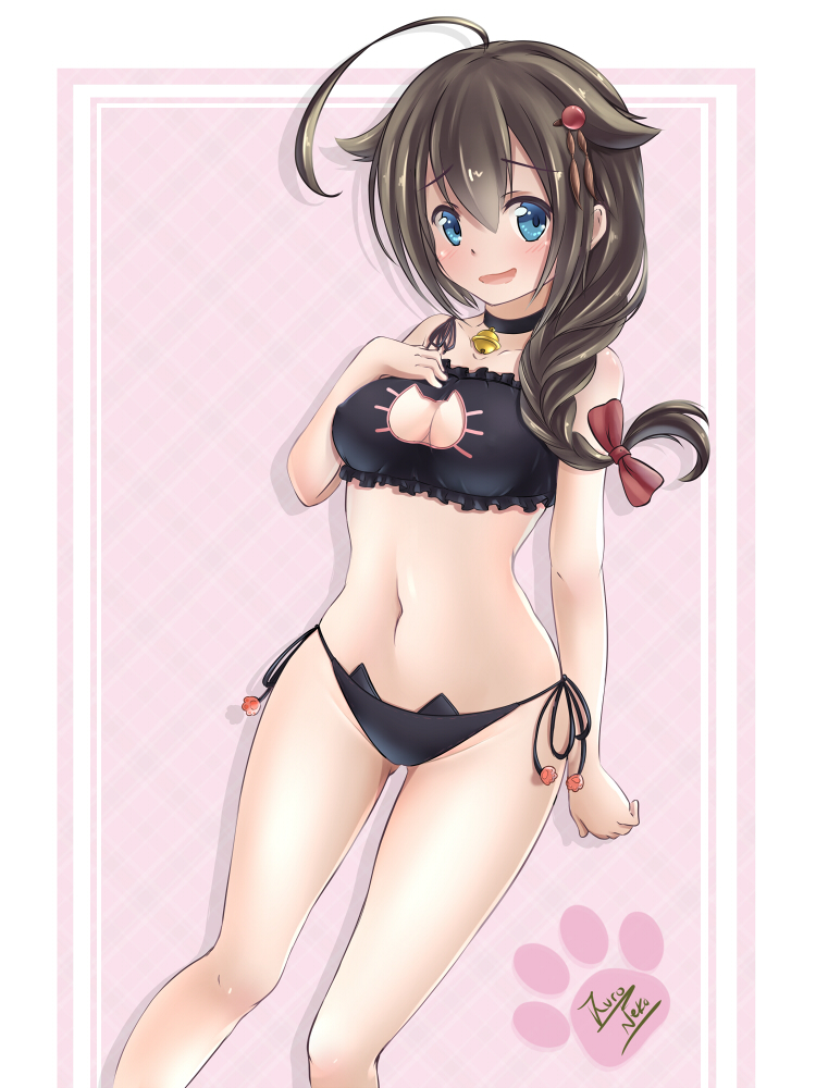 1girl, ahoge, alternate_costume, arm_at_side, artist_name, bangs, bare_shoulders, bell