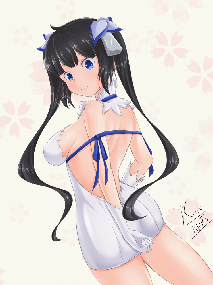 1girl, arm_behind_back, arm_ribbon, artist_name, ass, back, backless_outfit, bare_back