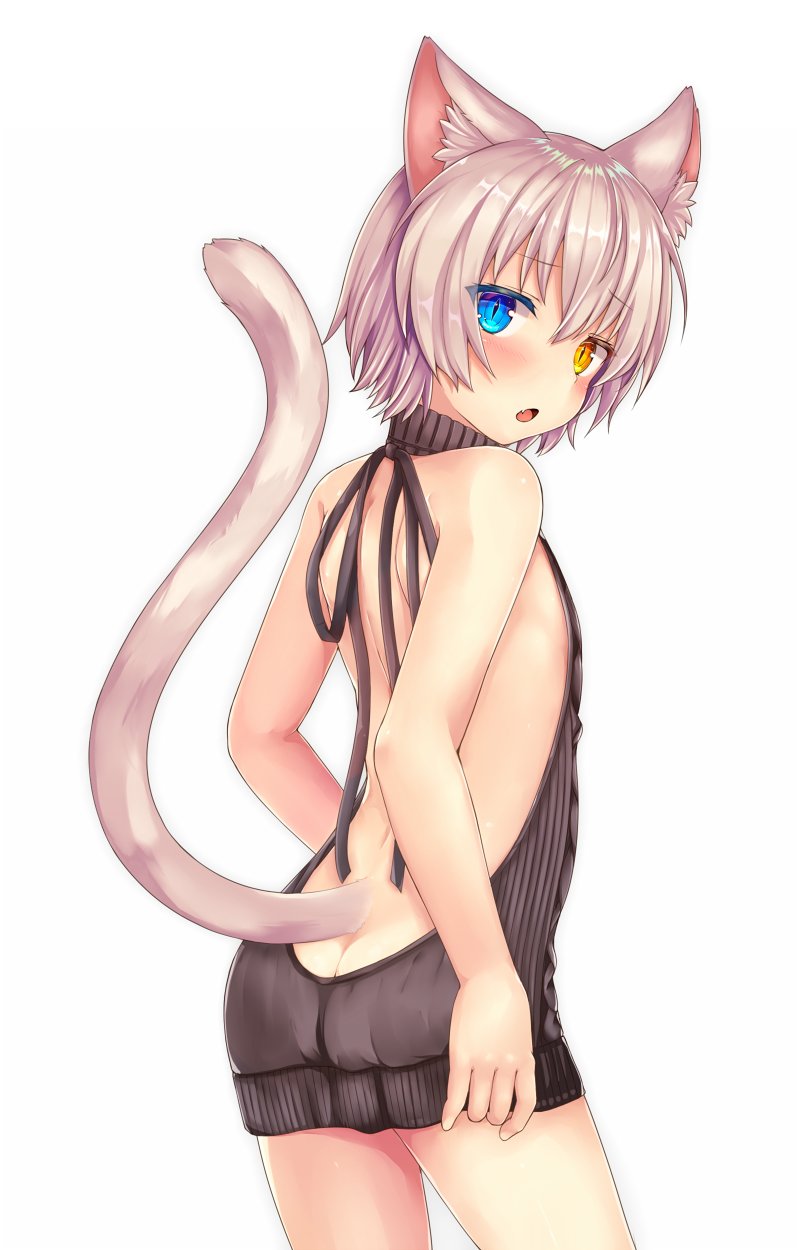 1boy, animal_ears, ass, backless_outfit, bare_back, bare_shoulders, black_sweater, blue_eyes