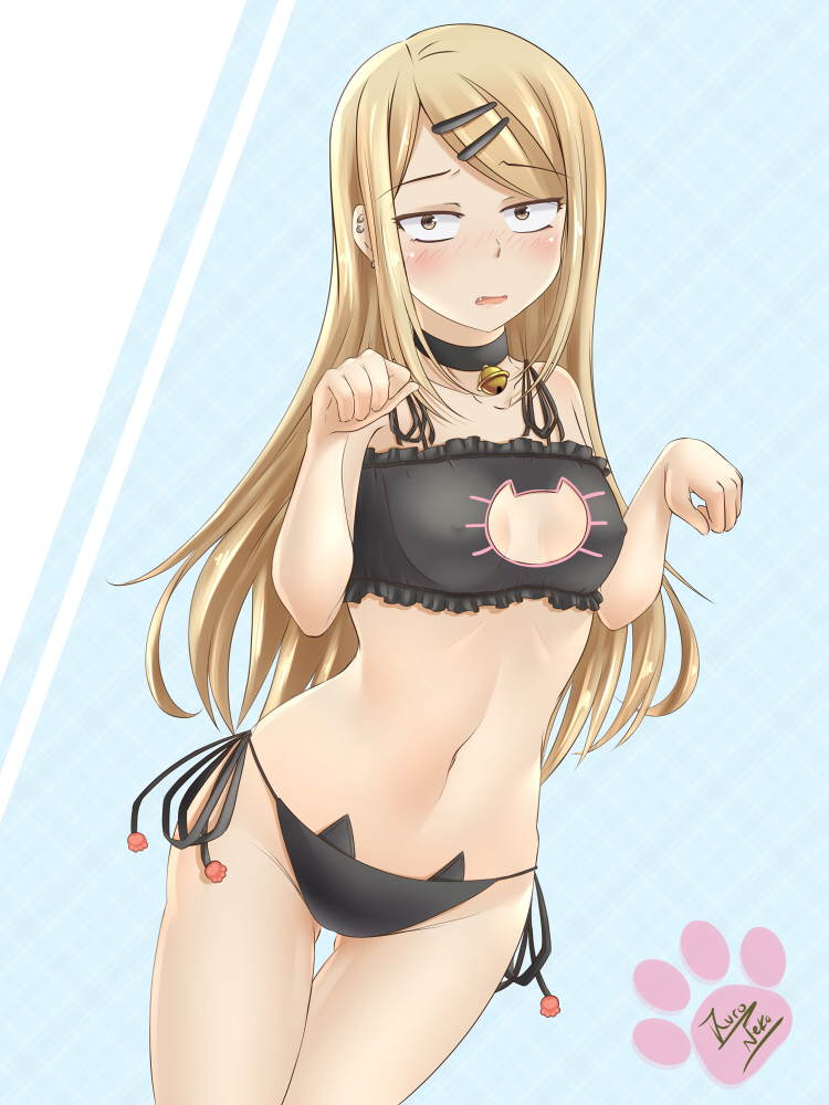 1girl, artist_name, bare_shoulders, bell, bell_choker, bell_collar, black_bra, black_choker