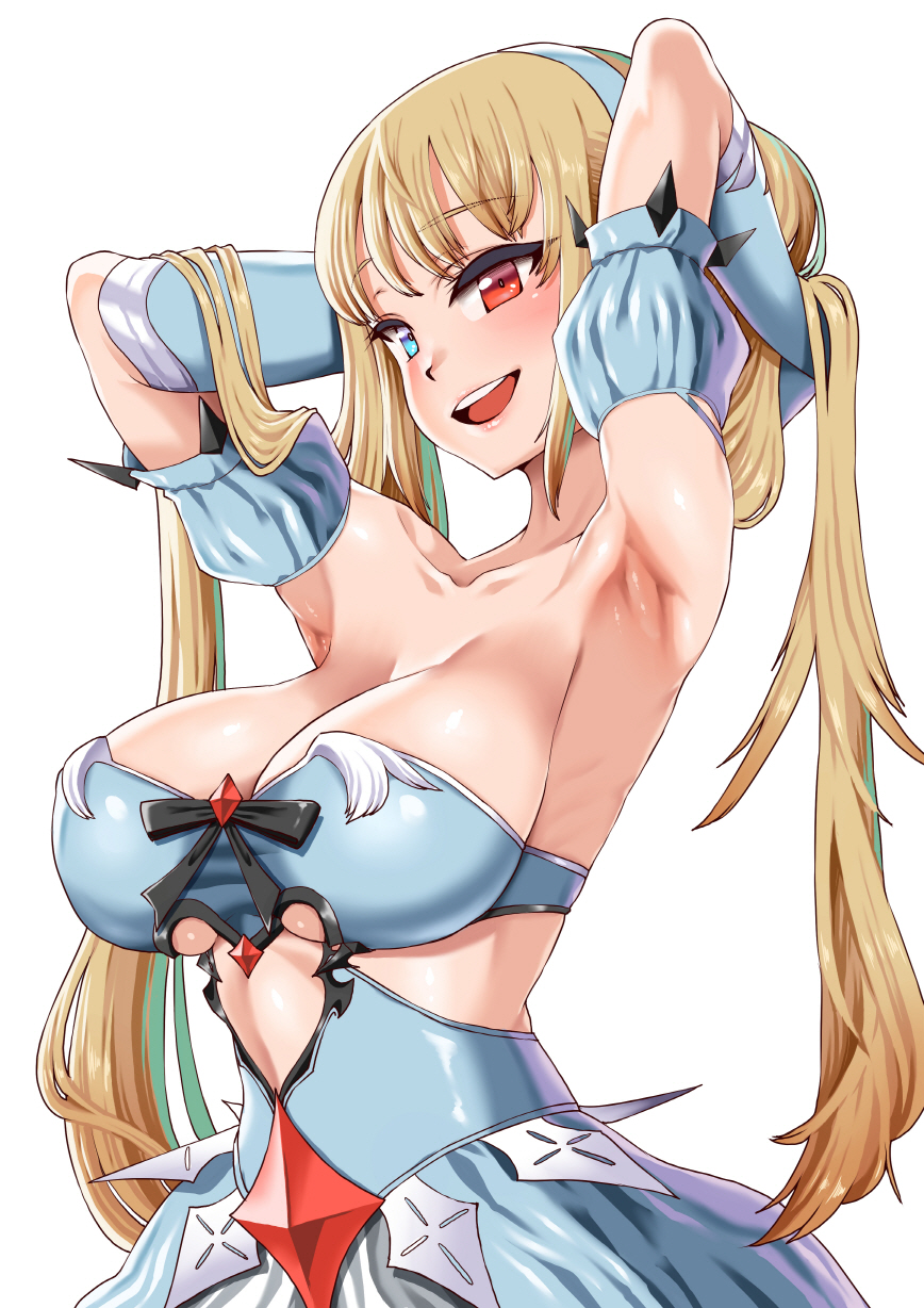 armpits, arms_up, bandeau, bangs, bare_shoulders, blonde_hair, blue_dress, blue_eyes