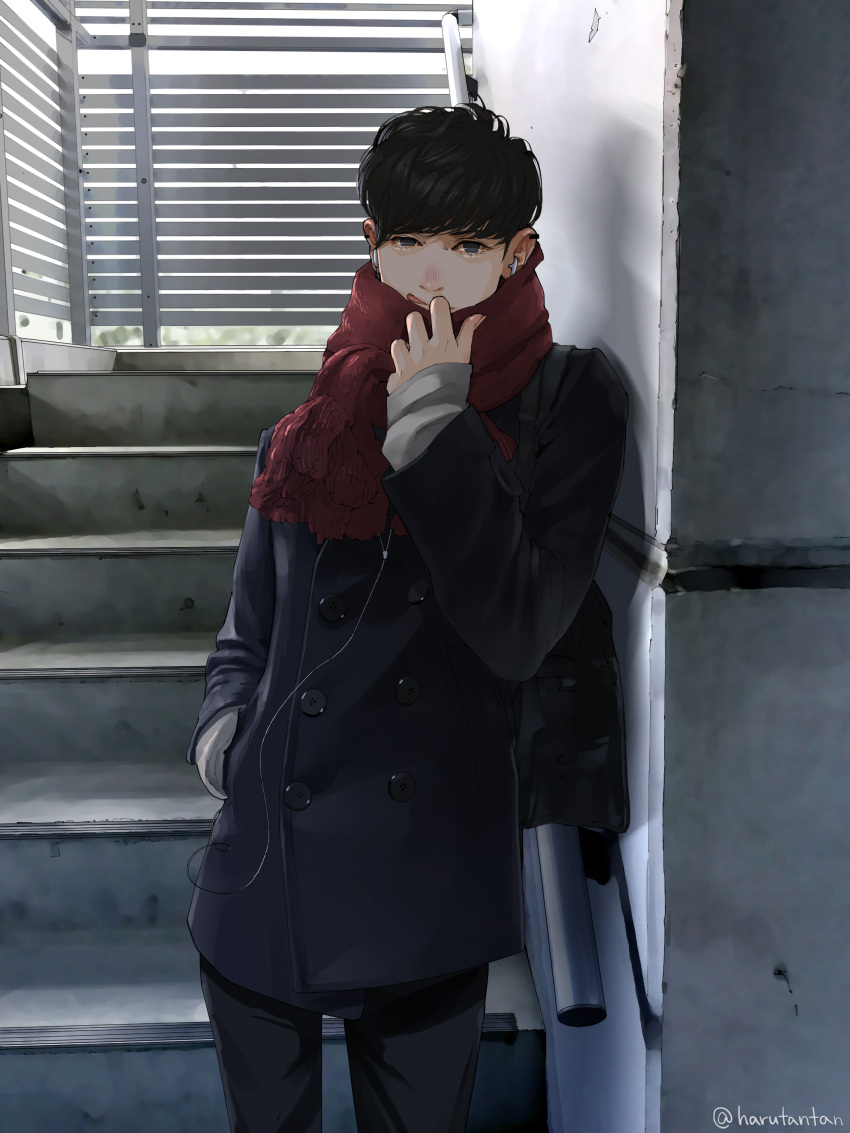 1boy, :p, absurdres, adjusting_scarf, against_wall, bag, bangs, black_hair