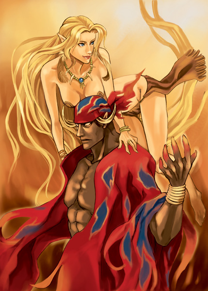 barbariccia, barefoot, bikini, blonde_hair, bracelet, final_fantasy, final_fantasy_iv, horns