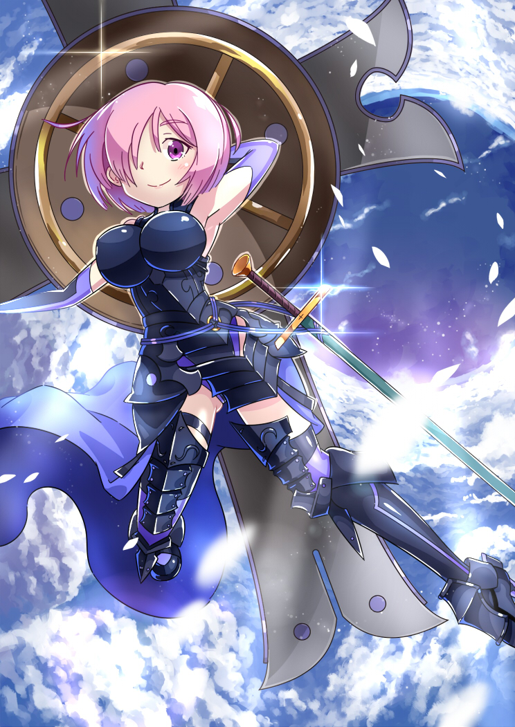 1girl, arm_behind_back, armor, armored_boots, armpits, bangs, bare_shoulders, beltskirt
