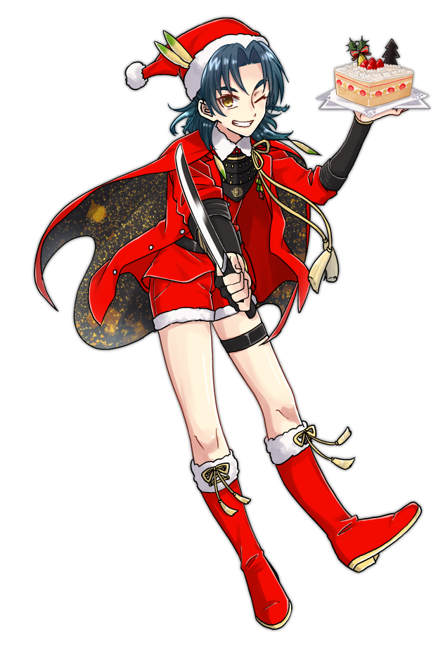 1boy, armor, blue_hair, boots, cake, cape, christmas, food