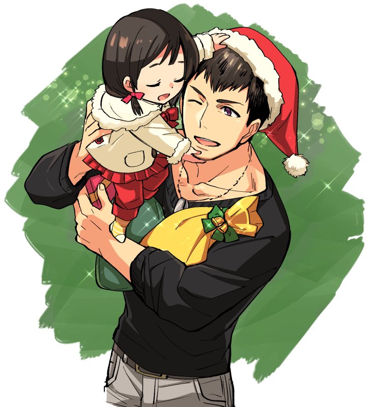 1boy, 1girl, :d, belt, black_hair, bow, child, christmas