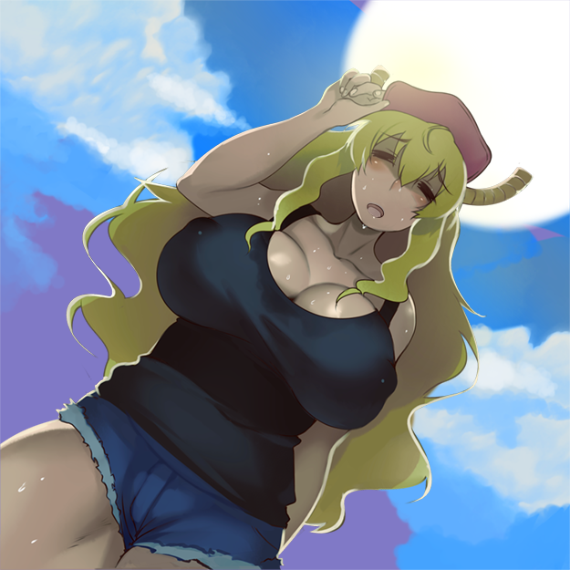 1girl, bare_shoulders, baseball_cap, black_shirt, blonde_hair, blue_sky, blush, breasts