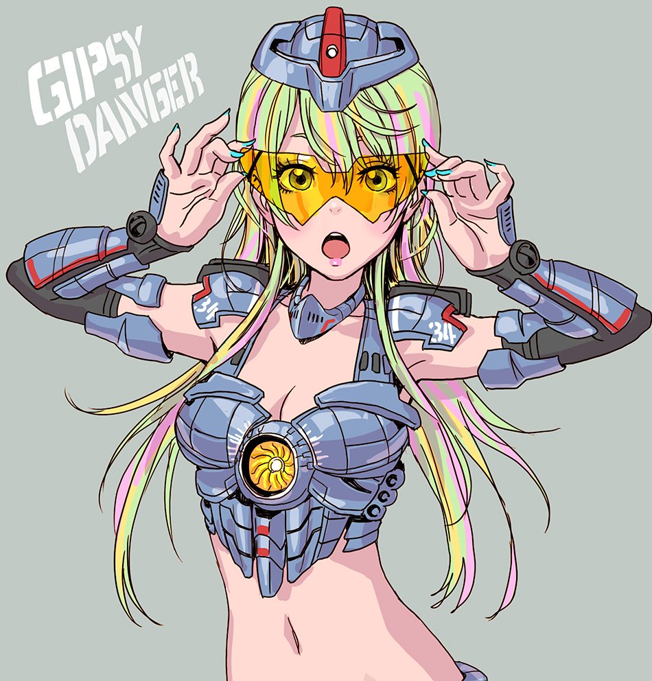 1girl, adjusting_glasses, bangs, blue_nails, breastplate, breasts, character_name, cleavage