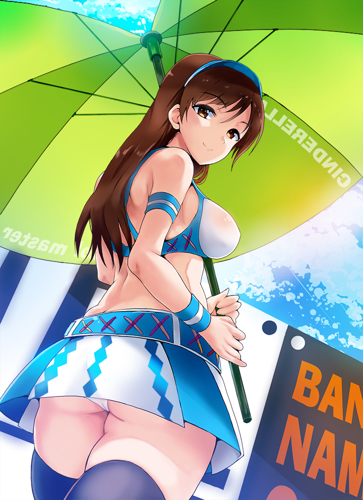 1girl, amari_yuki, ass, bandai_namco, bare_shoulders, black_legwear, breasts, brown_eyes