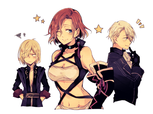 1girl, 2boys, black_gloves, blonde_hair, blue_eyes, breasts, cleavage, cosplay