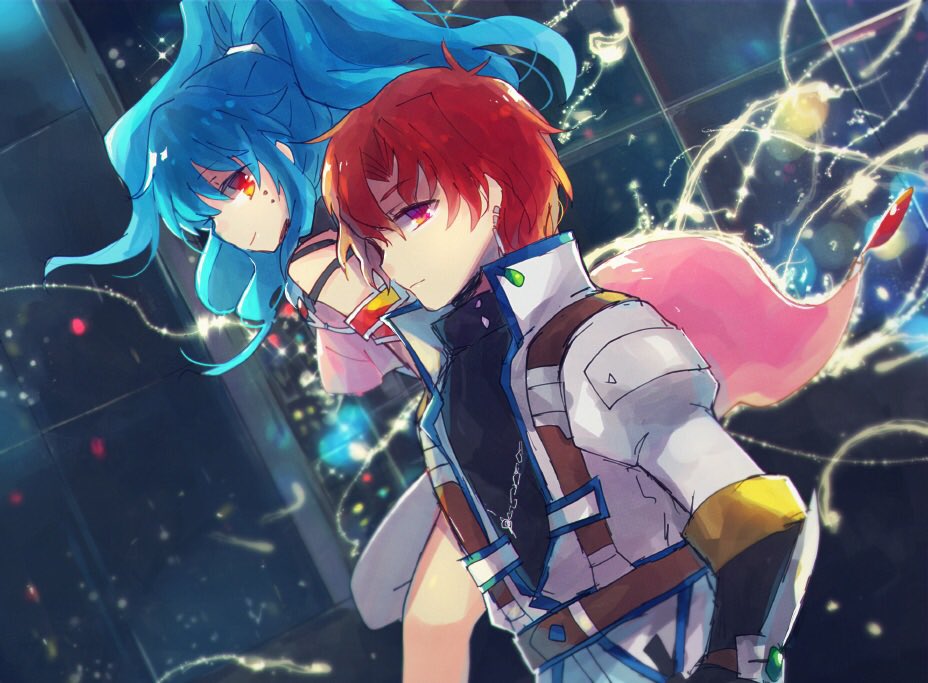 1boy, 1girl, alfimi, axel_almer, belt, blue_hair, dress, jacket