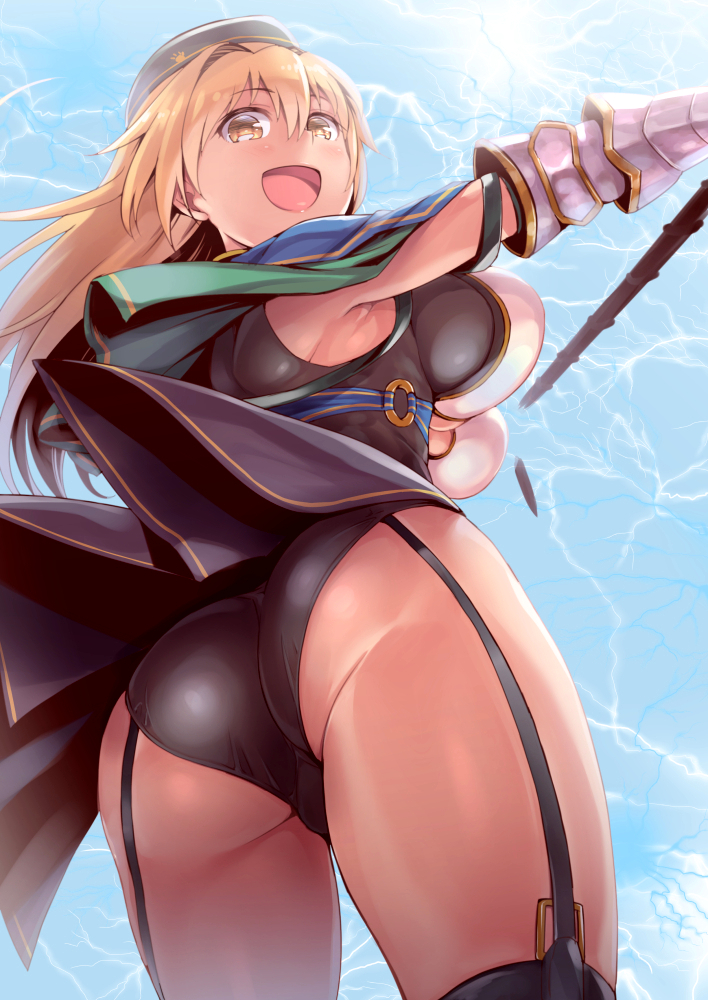 1girl, ass, black_leotard, blonde_hair, breasts, capelet, cowboy_shot, detached_sleeves, from_below, garter_straps, gauntlets, granblue_fantasy, large_breasts, leotard, long_hair, looking_at_viewer, miimu, misao_(kami_no_misoshiru), open_mouth, shingeki_no_bahamut, thigh-highs, thighs, yellow_eyes