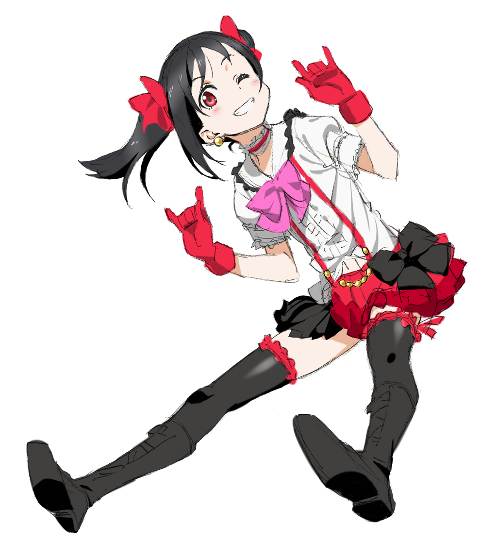 1girl, \m/, black_hair, black_legwear, bokura_wa_ima_no_naka_de, double_\m/, earrings, full_body, gloves, grin, jewelry, kurai_nao, love_live!, love_live!_school_idol_project, nico_nico_nii, one_eye_closed, red_eyes, red_gloves, sketch, skirt, smile, solo, suspender_skirt, suspenders, twintails, yazawa_nico