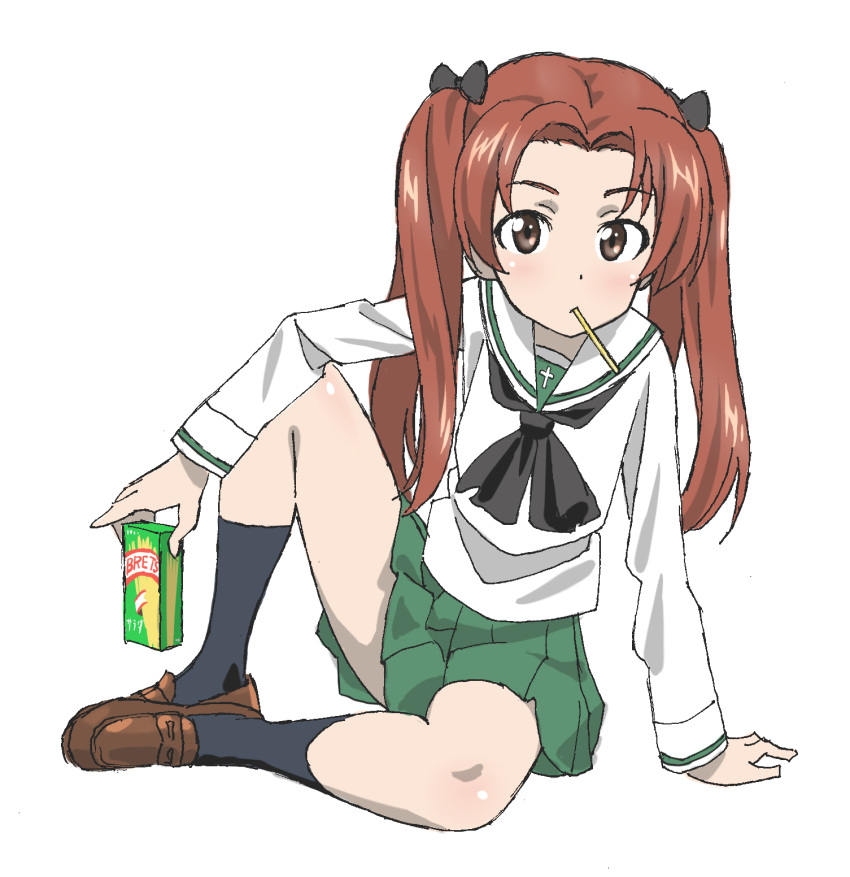 1girl, aries, black_legwear, brown_eyes, brown_hair, brown_shoes, full_body, girls_und_panzer, green_sailor_collar, green_skirt, highres, japan, japan_(hetalia), japan_air_self-defense_force, japan_ground_self-defense_force, japan_maritime_self-defense_force, japanese, japanese_armor, japanese_clothes, japanese_crested_ibis_(kemono_friends), japanese_flag, japanese_text, kadotani_anzu, kneehighs, kurai_nao, long_hair, looking_at_viewer, monkey_ears, monkey_girl, mouth_hold, pleated_skirt, red_eyes, red_hair, school_uniform, serafuku, shoes, simple_background, skirt, solo, white_background