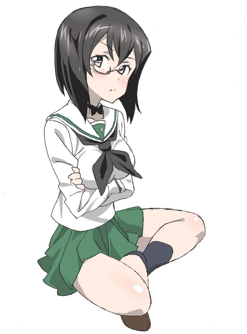 1girl, black_hair, brown_eyes, crossed_arms, full_body, girls_und_panzer, highres, kawashima_momo