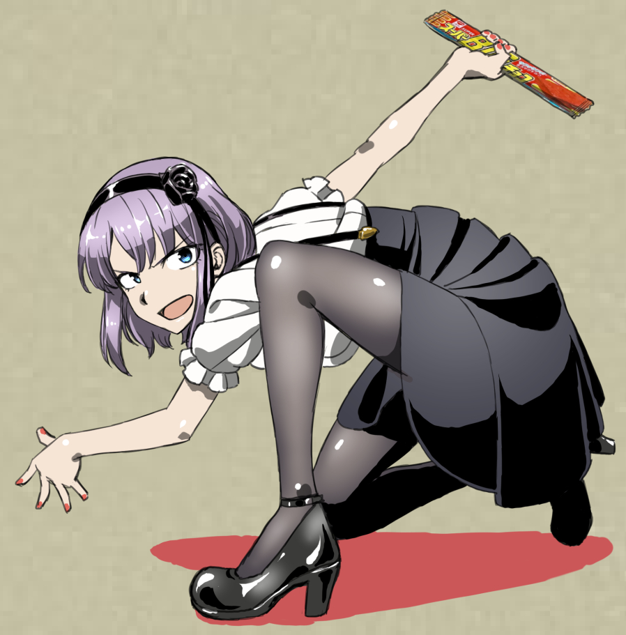 1girl, black_shoes, blue_eyes, dagashi_kashi, hairband, high-waist_skirt, high_heels, kurai_nao