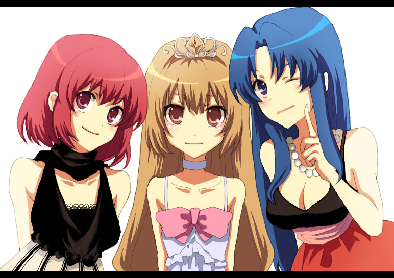 3girls, crown, dress, flat_chest, jewelry, kafka, kawashima_ami, kushieda_minori