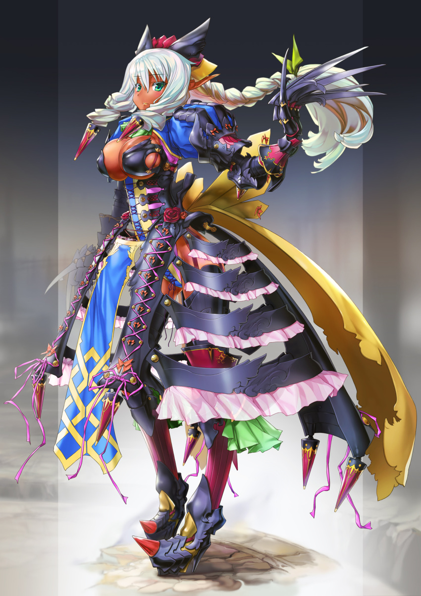 1girl, arm_up, armor, armored_dress, braid, breasts, claw_(weapon), dark_skin