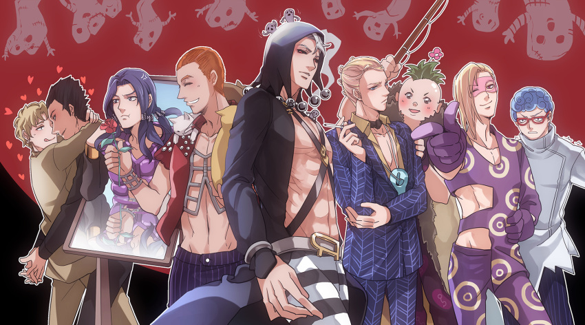 >:t, 6+boys, :t, abs, anger_vein, animal, animal_on_shoulder, arms_around_neck, arms_around_waist, beach_boy_(stand), black_hair, black_sclera, blonde_hair, blue_hair, cat, cigarette, clenched_teeth, closed_eyes, curly_hair, flower, formaggio, gelato, ghiaccio, glasses, gloves, green_hair, grey_hair, groin, hat, heart, highres, holding, holding_flower, illuso, jan_(lovehishigi), jewelry, jojo_no_kimyou_na_bouken, mask, melone, metallica_(stand), mirror, multiple_boys, navel, orange_hair, pendant, pesci, pointing, pointing_at_viewer, prosciutto, purple_gloves, purple_hair, red_eyes, reflection, risotto_nero, smile, sorbet, stand_(jojo), teeth, toned, toned_male, tongue, tongue_out, violet_eyes, yaoi