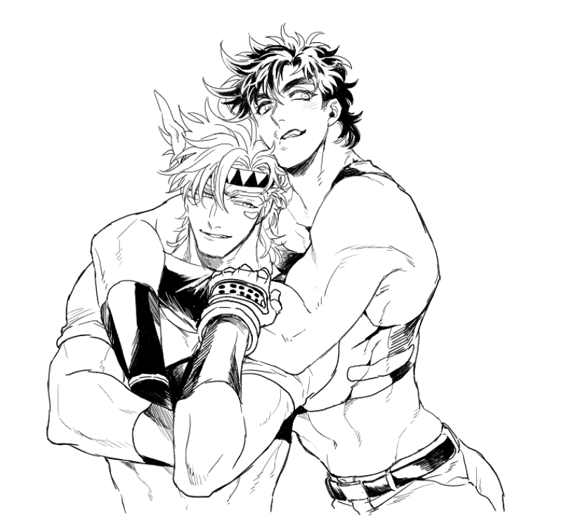 2boys, arms_around_neck, belt, caesar_anthonio_zeppeli, crop_top, facial_mark, fingerless_gloves, gloves, grin, headband, jojo_no_kimyou_na_bouken, joseph_joestar_(young), male_focus, midriff, monochrome, multiple_boys, muscle, navel, s_gentian, smile, winged_hair_ornament