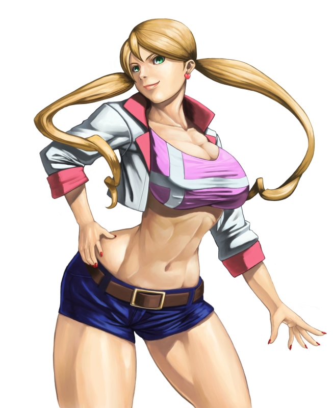 1girl, blonde_hair, breasts, cleavage, earrings, green_eyes, groin, gundam