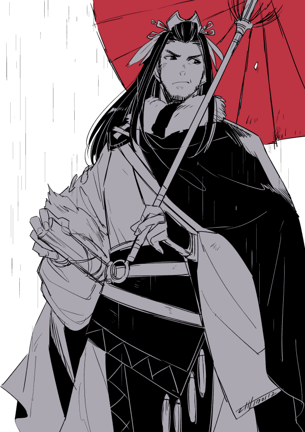 1boy, beard, chinese_clothes, facial_hair, greyscale, long_hair, looking_back, male_focus