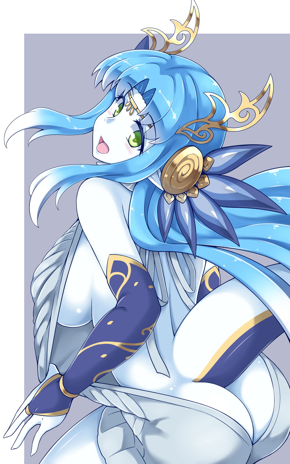 1girl, ass, bare_shoulders, blue_hair, blue_skin, breasts, bridal_gauntlets, butt_crack