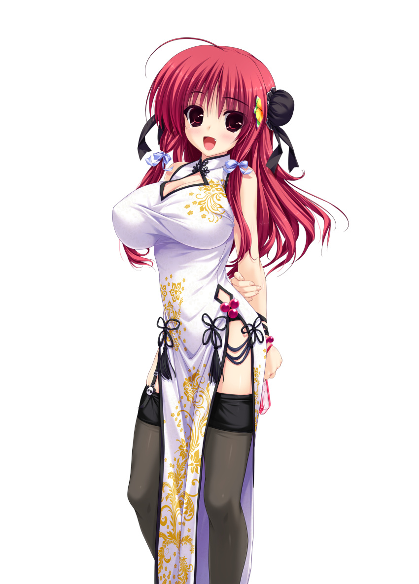 1girl, absurdres, ahoge, arm_ribbon, arms_behind_back, bead_bracelet, beads, black_legwear
