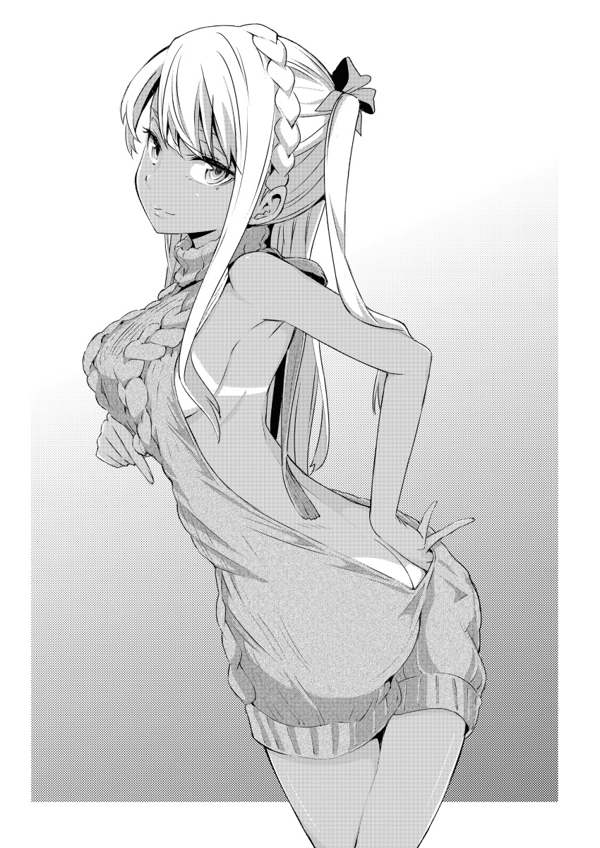 1girl, :3, absurdres, alessandra_susu, aran_sweater, ass, backless_outfit, bangs
