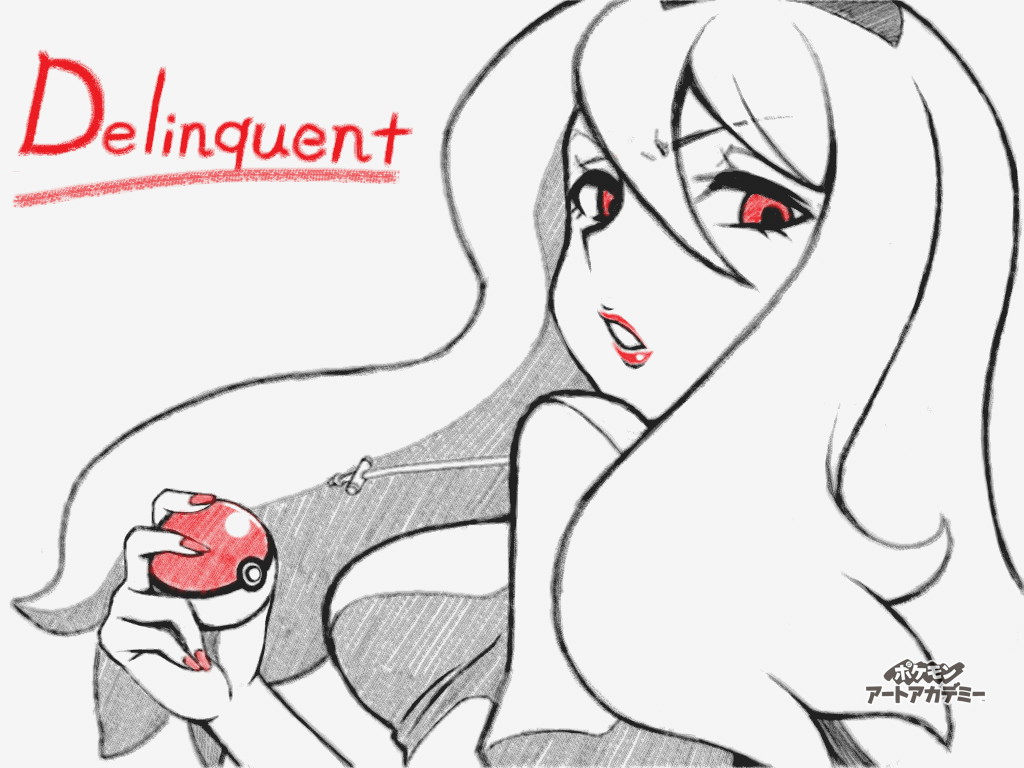>:o, 1girl, :o, bangs, benten_(pixiv15996491), character_name, delinquent, delinquent_(pokemon), english, eyebrows_visible_through_hair, eyelashes, fingernails, from_behind, hair_between_eyes, holding, holding_poke_ball, hood, hood_down, hooded_jacket, hooded_track_jacket, jacket, lipstick, long_fingernails, long_hair, looking_back, makeup, multicolored_hair, nail_polish, npc, npc_trainer, open_mouth, poke_ball, pokemon, pokemon_(game), pokemon_oras, red_eyes, red_lipstick, red_nails, simple_background, solo, spot_color, text, track_jacket, two-tone_hair, upper_body, white_background