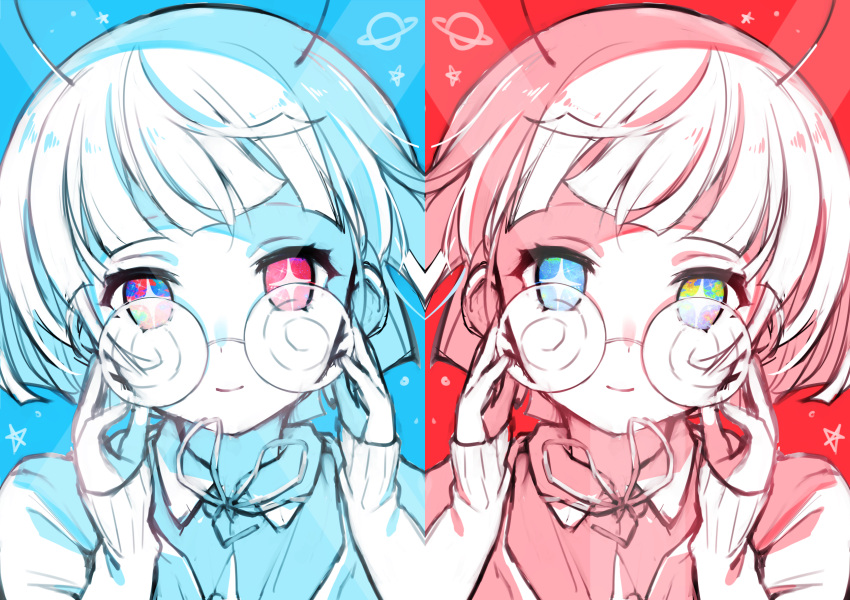 +_+, 1girl, andromedako, bangs, blue, blue_background, blue_eyes, blunt_bangs