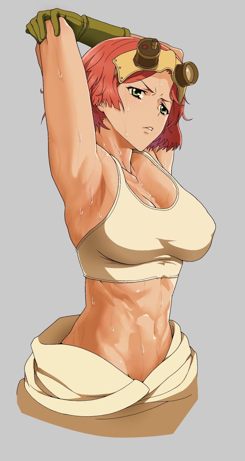 1girl, abs, armpits, arms_behind_head, arms_up, breasts, cleavage, don_(rg06268)