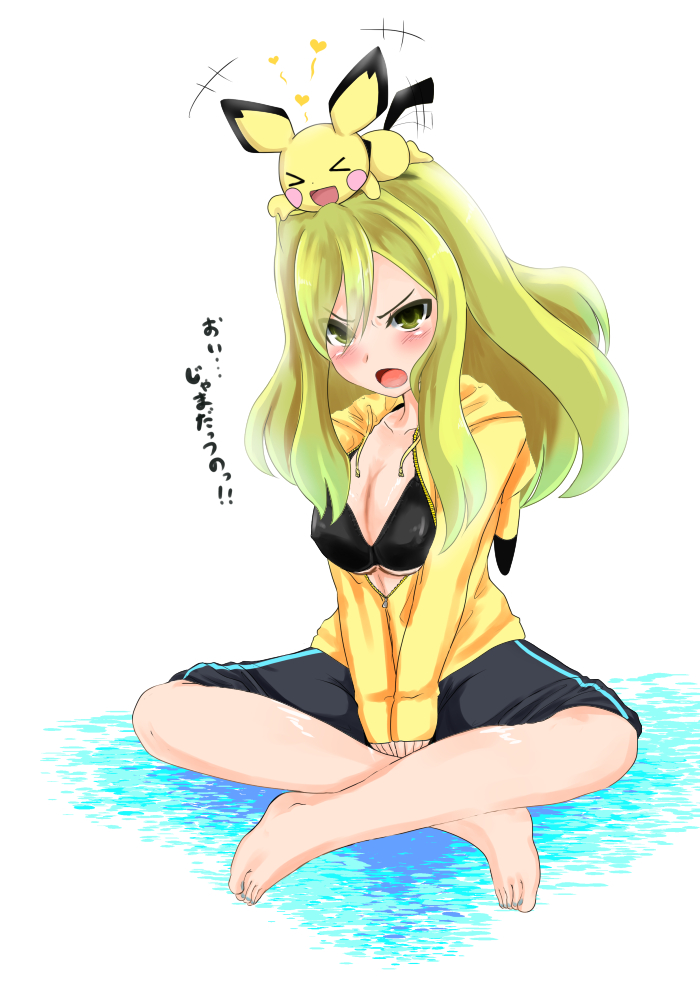 >:o, >_<, +++, /\/\/\, 1girl, :d, :o, angry, aqua_nails, bangs, bare_legs, bikini_top, black_pants, blonde_hair, blue_nails, blush, breasts, cleavage, closed_eyes, collarbone, delinquent, delinquent_(pokemon), erect_nipples, eyebrows_visible_through_hair, eyes_visible_through_hair, full_body, green_eyes, hair_between_eyes, hair_grab, heart, hood, hooded_jacket, indian_style, jacket, komomo_(picturecollapse), large_breasts, legs_crossed, long_hair, long_sleeves, looking_up, lying, midriff, motion_lines, nail_polish, npc, npc_trainer, on_head, on_stomach, open_mouth, pants, pichu, pikachu, pokemon, pokemon_(creature), pokemon_(game), pokemon_oras, pokemon_sm, simple_background, single_vertical_stripe, sitting, sleeves_past_wrists, smile, solo, tail_wagging, text, toenail_polish, tongue, track_pants, translation_request, under_boob, unzipped, v_arms, white_background, yellow_jacket, zipper