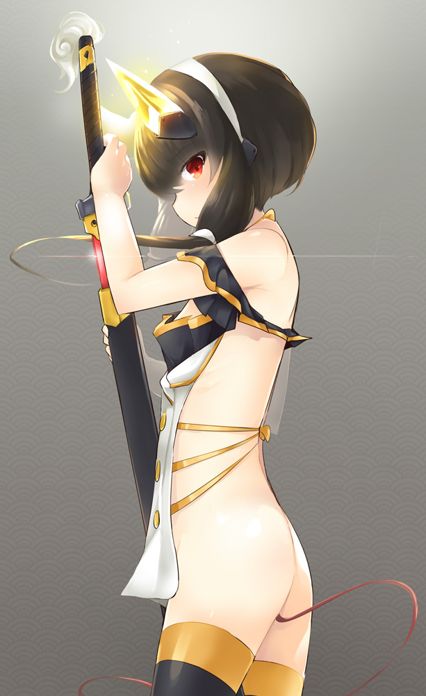 1girl, akihara_nakuru, ass, backless_outfit, bangs, bare_back, bare_shoulders, black_hair