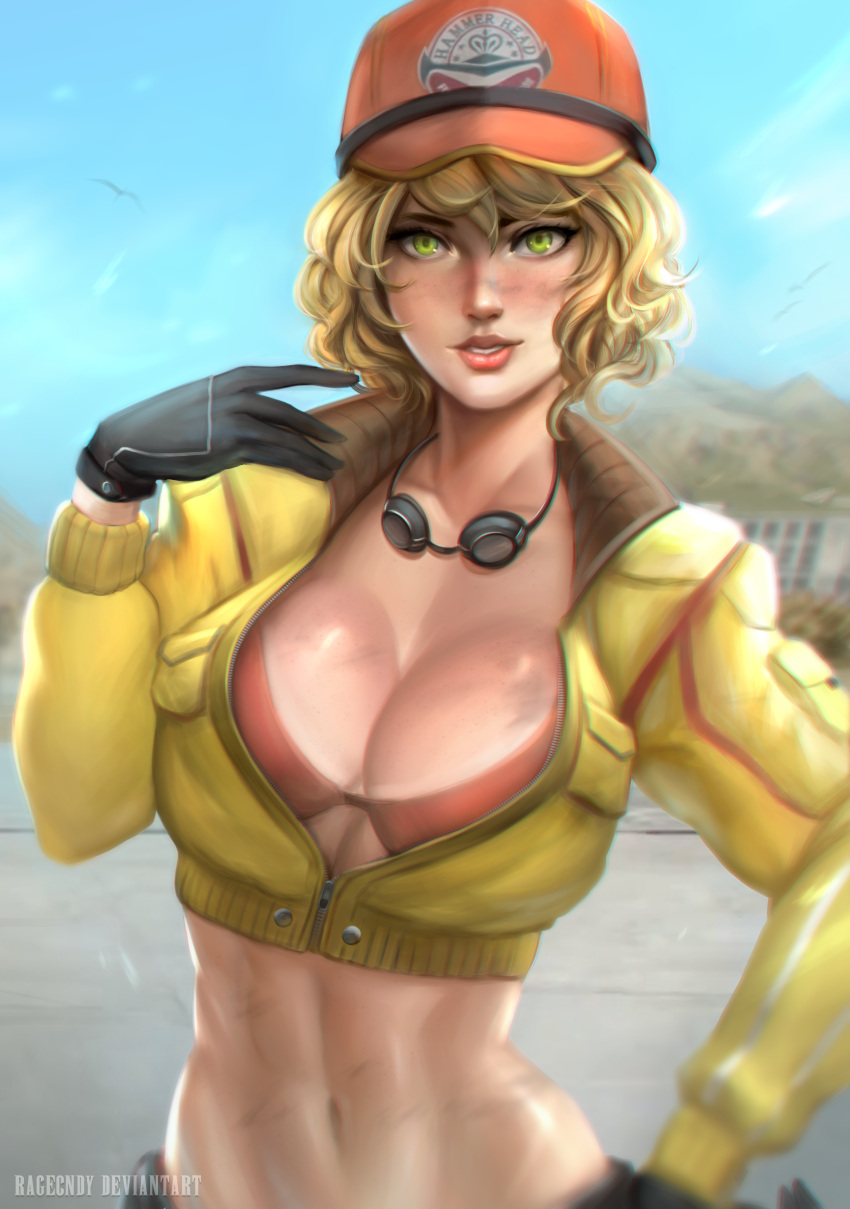 1girl, absurdres, baseball_cap, black_gloves, blonde_hair, bra, breasts, cidney_aurum