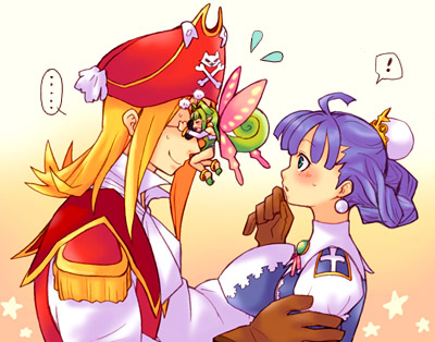 1boy, 2girls, eclair_(la_pucelle), fairy, homard, la_pucelle, long_hair, lowres