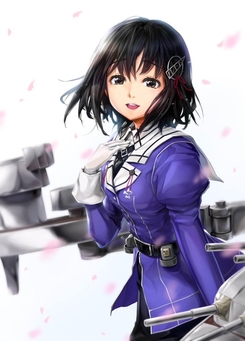 1girl, aa_gun, black_hair, black_skirt, brown_eyes, cannon, cherry_blossoms, gloves