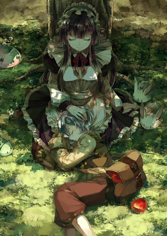 1boy, 1girl, apple, apron, bag, brown_hair, fabre, food