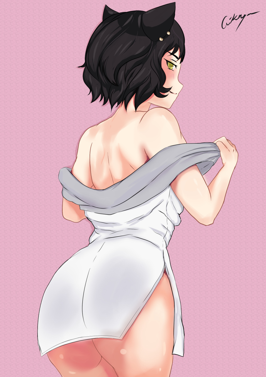 1girl, absurdres, aikiyun, animal_ears, artist_name, black_hair, blush, bottomless