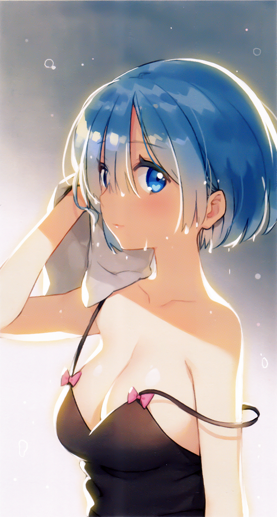 1girl, alternate_costume, artist_name, ayami_(annahibi), bare_shoulders, blue_eyes, blue_hair, bow