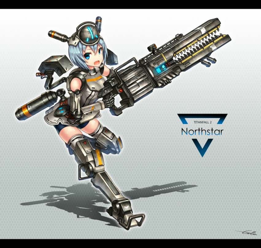 1girl, bike_shorts, blue_eyes, blue_hair, gia, gun, headgear, highres