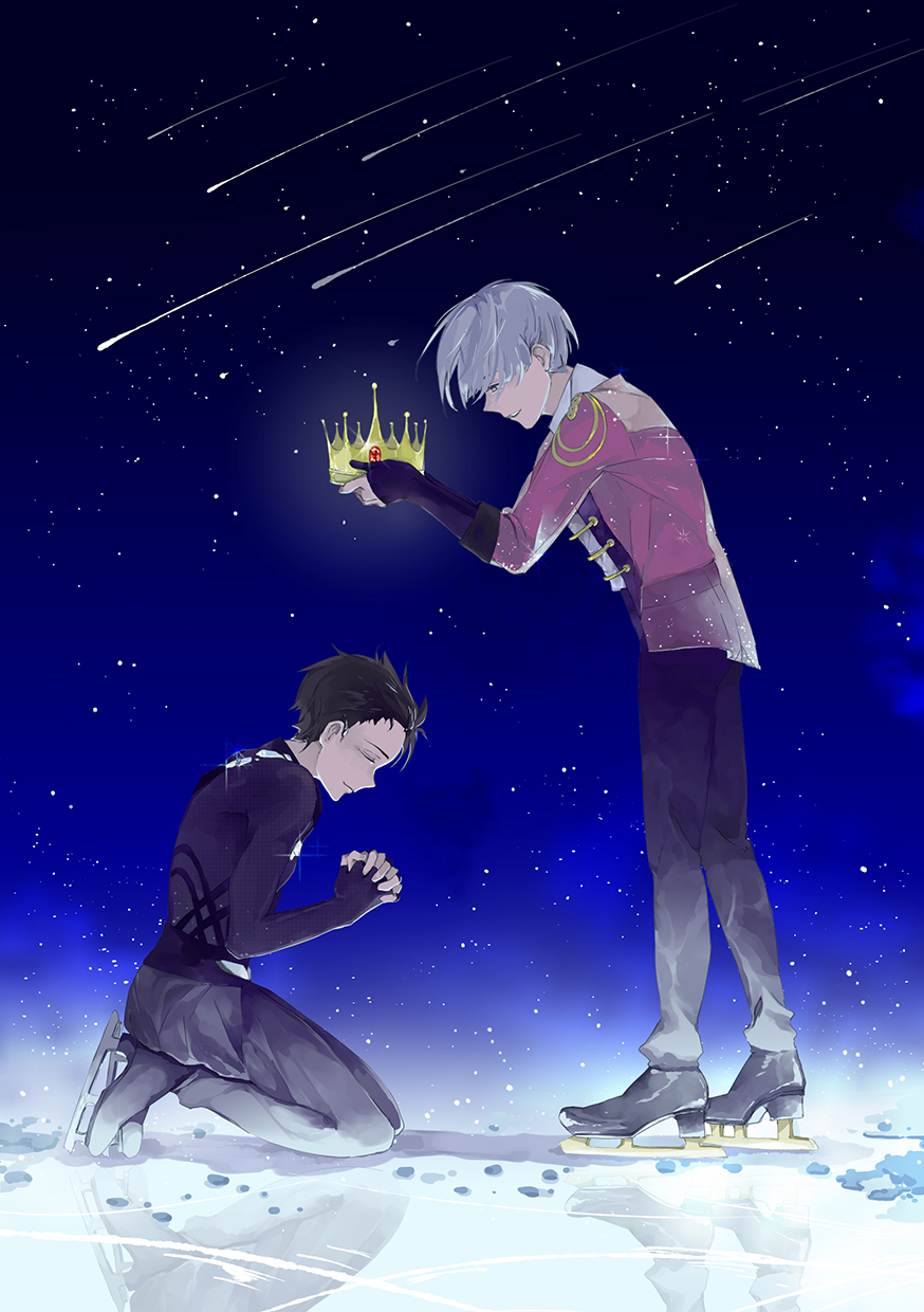 2boys, black_hair, blue_eyes, closed_eyes, crown, epaulettes, hands_clasped, highres