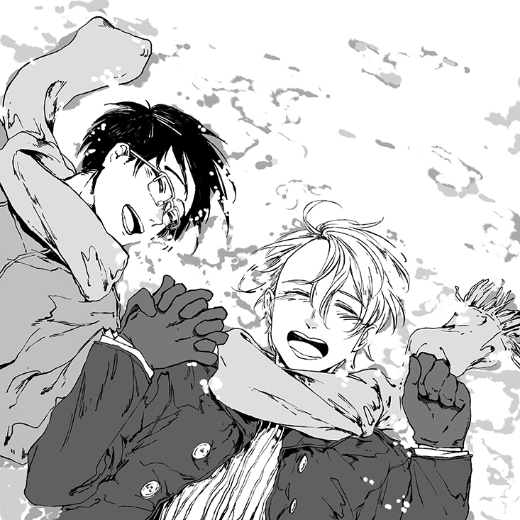 2boys, ^_^, closed_eyes, coat, from_above, glasses, gloves, hand_holding