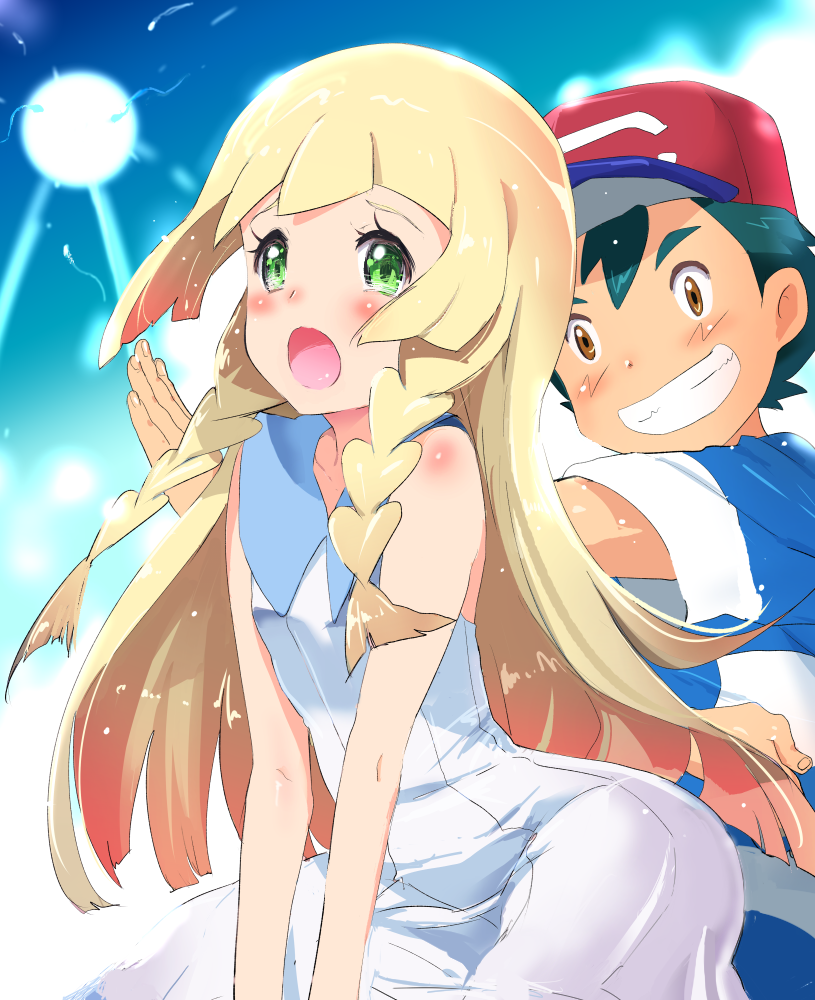 1boy, 1girl, blonde_hair, clothed, dress, green_eyes, lillie_(pokemon), mushi_gyouza