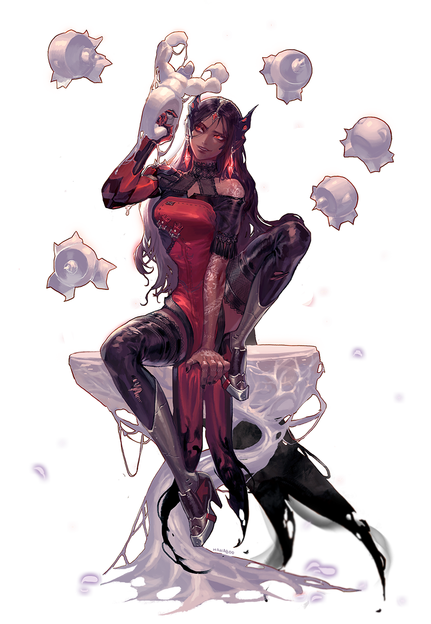 1girl, alternate_color, alternate_eye_color, arm_tattoo, armor, armored_boots, artist_name, asymmetrical_clothes, bangs, bare_shoulders, between_legs, black_hair, black_legwear, black_nails, blue_dress, boots, breasts, brown_hair, brown_lipstick, collarbone, cyborg, dark_persona, dark_skin, dress, earrings, energy_gun, finger_on_trigger, fingernails, forehead_jewel, full_body, gun, hand_between_legs, hand_up, headgear, high_heel_boots, high_heels, highres, holding, holding_gun, holding_weapon, jewelry, kim_hana, knee_boots, knee_up, lipstick, loincloth, long_hair, makeup, mechanical_arm, medium_breasts, mole, mole_under_mouth, nail_polish, overwatch, parted_bangs, parted_lips, pelvic_curtain, red_eyes, short_sleeves, sitting, skin_tight, solo, symmetra_(overwatch), tattoo, thigh-highs, torn_clothes, torn_thighhighs, transparent_background, turtleneck, visor, weapon
