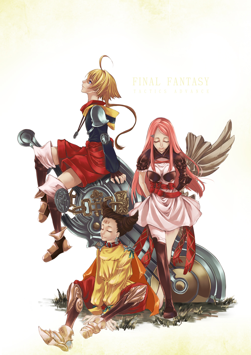 1girl, 96neko_mtm, armor, breasts, final_fantasy, final_fantasy_tactics, final_fantasy_tactics_advance, green_eyes, hair_ornament, hairclip, highres, long_hair, marche_radiuju, mewt_randell, pink_hair, ritz_malheur, skirt, small_breasts, thigh-highs